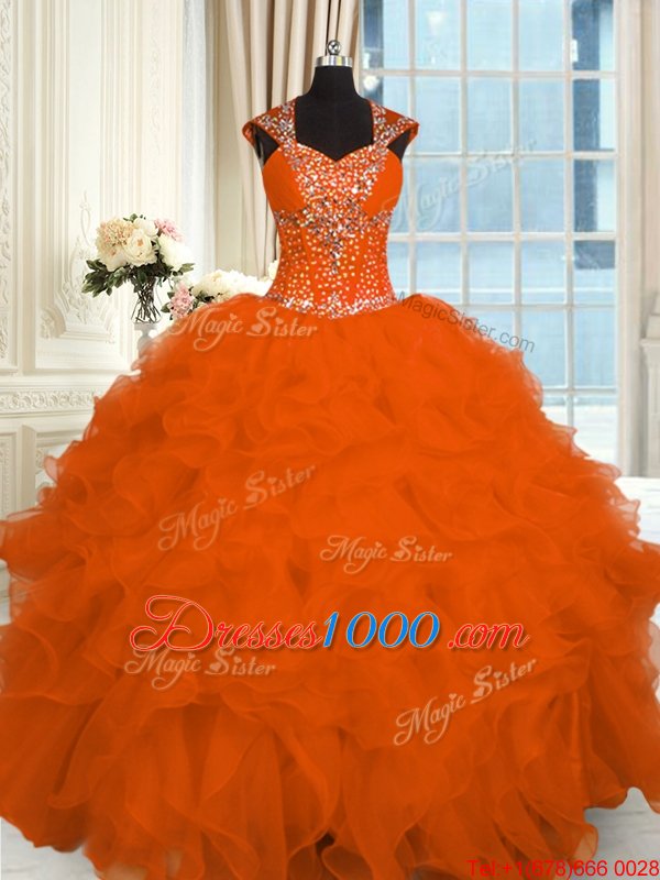 Great Orange Red 15th Birthday Dress Military Ball and Sweet 16 and Quinceanera and For with Beading and Ruffles Straps Cap Sleeves Lace Up