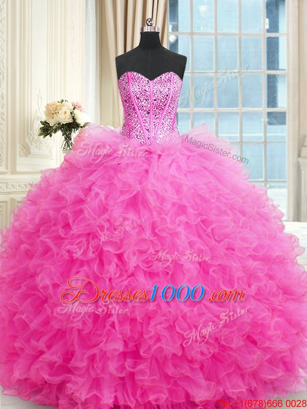 Fancy Three Piece Rose Pink Ball Gowns Beading and Ruffles 15th Birthday Dress Lace Up Tulle Sleeveless Floor Length