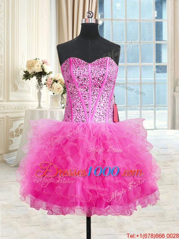 Fancy Three Piece Rose Pink Ball Gowns Beading and Ruffles 15th Birthday Dress Lace Up Tulle Sleeveless Floor Length