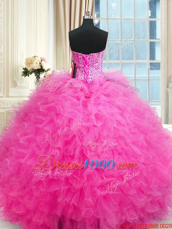 Fancy Three Piece Rose Pink Ball Gowns Beading and Ruffles 15th Birthday Dress Lace Up Tulle Sleeveless Floor Length