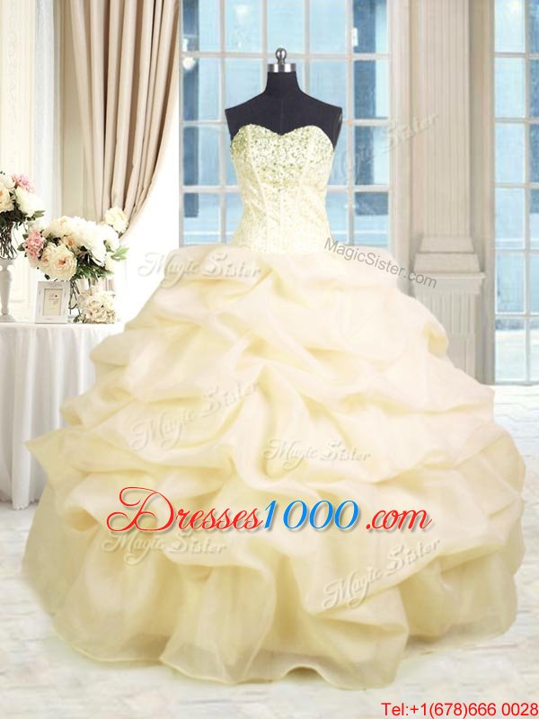 Cheap Sweetheart Sleeveless Sweet 16 Dresses Floor Length Beading and Ruffles Champagne Organza