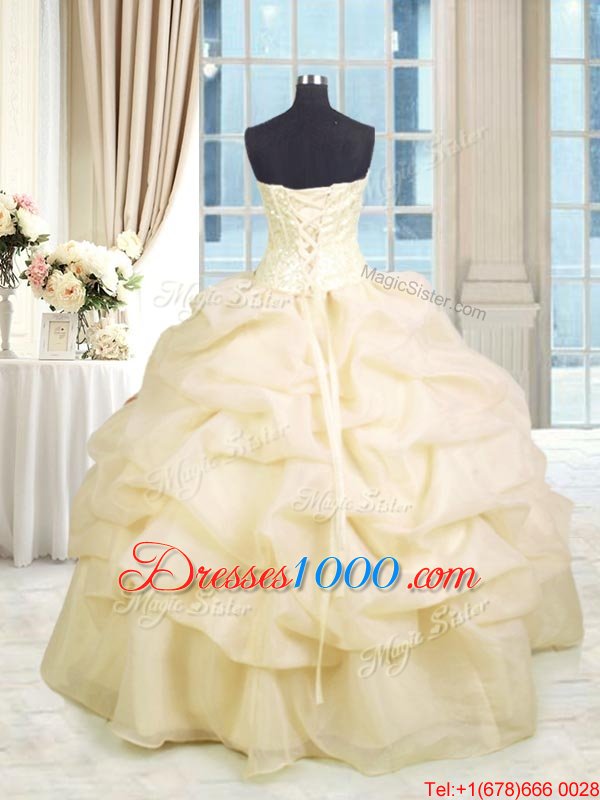 Cheap Sweetheart Sleeveless Sweet 16 Dresses Floor Length Beading and Ruffles Champagne Organza