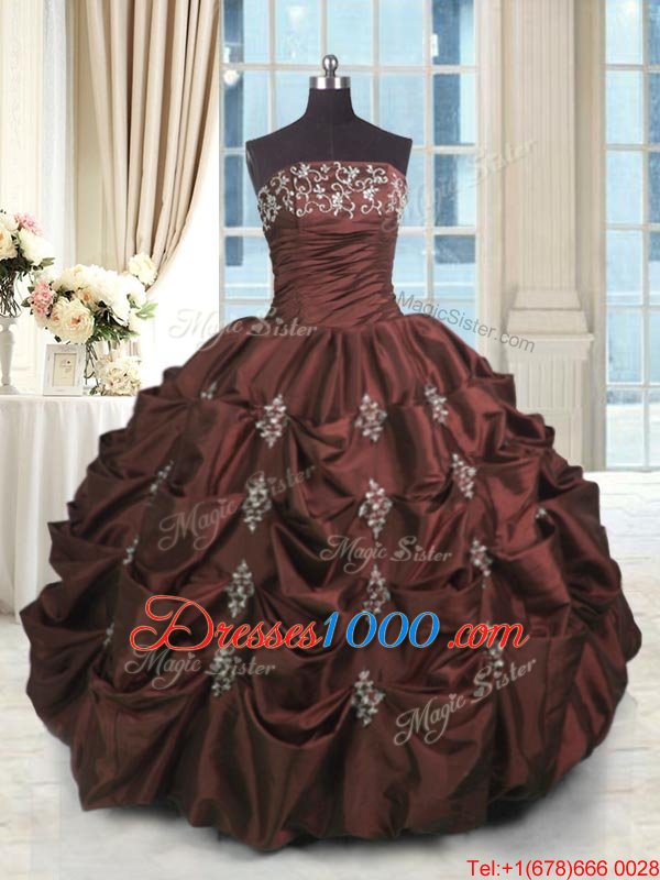 Top Selling Burgundy Ball Gowns Beading and Appliques and Embroidery and Pick Ups Quinceanera Gown Lace Up Taffeta Sleeveless Floor Length