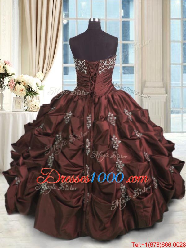 Top Selling Burgundy Ball Gowns Beading and Appliques and Embroidery and Pick Ups Quinceanera Gown Lace Up Taffeta Sleeveless Floor Length