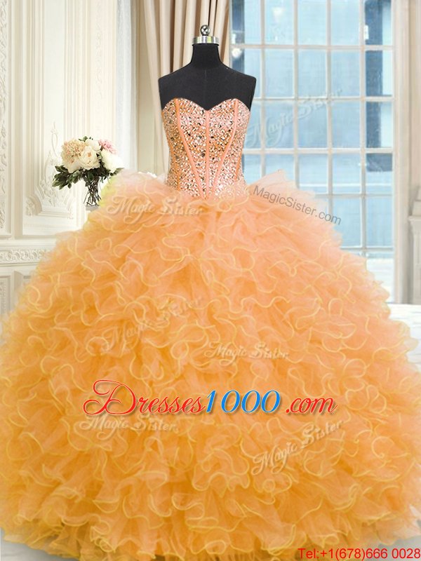 Popular Three Piece Tulle Strapless Sleeveless Lace Up Beading and Ruffles Quinceanera Gowns in Orange
