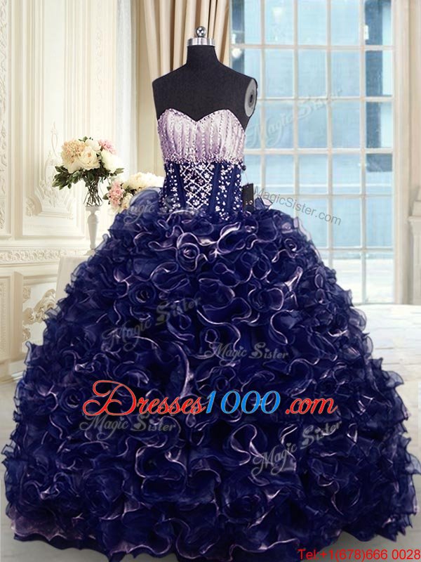 Romantic Brush Train Ball Gowns Vestidos de Quinceanera Navy Blue Sweetheart Organza Sleeveless With Train Lace Up