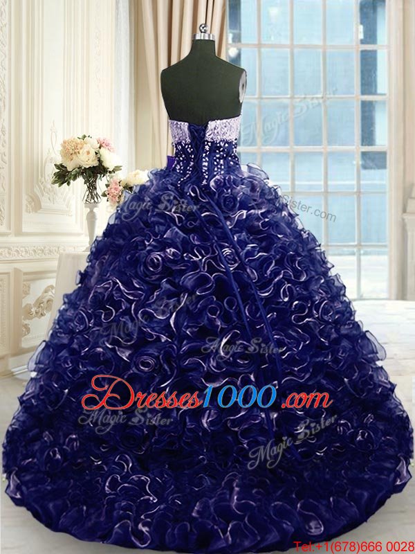 Romantic Brush Train Ball Gowns Vestidos de Quinceanera Navy Blue Sweetheart Organza Sleeveless With Train Lace Up