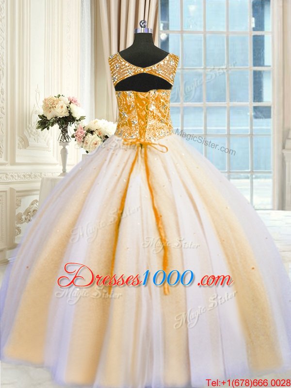 Exceptional Multi-color Ball Gowns Beading and Sequins Sweet 16 Dresses Lace Up Tulle Sleeveless Floor Length