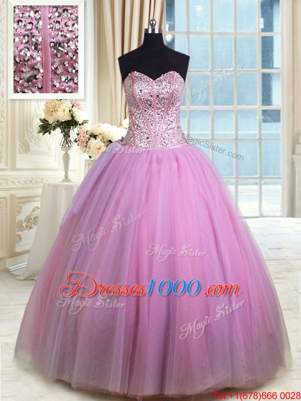 Customized Three Piece Lilac Sleeveless Floor Length Beading Lace Up Vestidos de Quinceanera