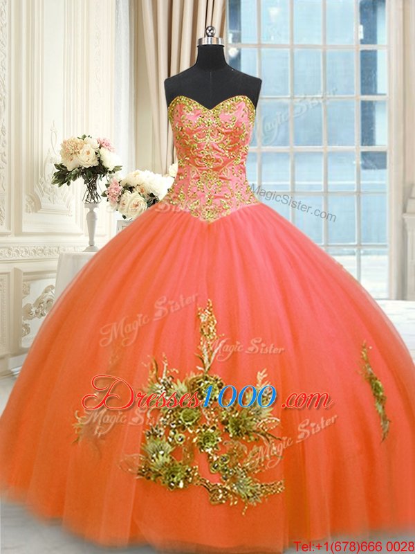 Floor Length Orange Red Sweet 16 Dresses Tulle Sleeveless Beading and Appliques and Embroidery