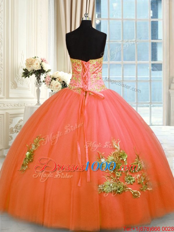 Floor Length Orange Red Sweet 16 Dresses Tulle Sleeveless Beading and Appliques and Embroidery