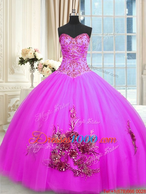 Dynamic Fuchsia Ball Gowns Tulle Sweetheart Sleeveless Beading and Appliques and Embroidery Floor Length Lace Up Quinceanera Gown
