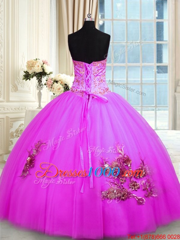 Dynamic Fuchsia Ball Gowns Tulle Sweetheart Sleeveless Beading and Appliques and Embroidery Floor Length Lace Up Quinceanera Gown