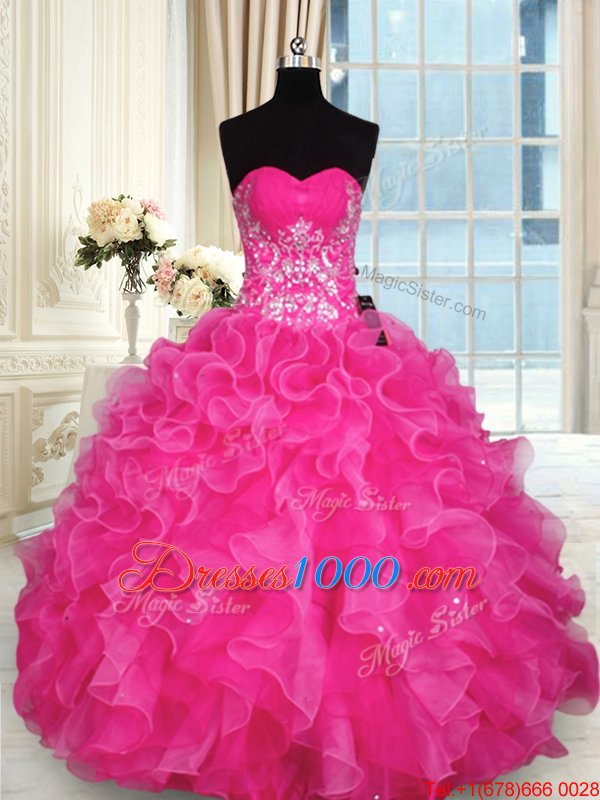 Floor Length Hot Pink Quinceanera Dress Organza Sleeveless Beading and Appliques and Ruffles