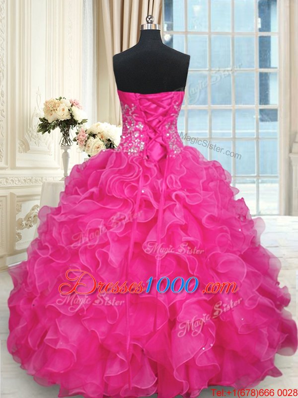 Floor Length Hot Pink Quinceanera Dress Organza Sleeveless Beading and Appliques and Ruffles