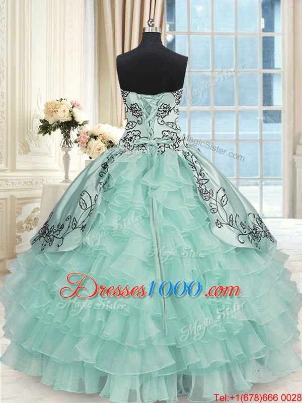Sweetheart Sleeveless Organza and Taffeta Quinceanera Gowns Beading and Embroidery and Ruffled Layers Lace Up