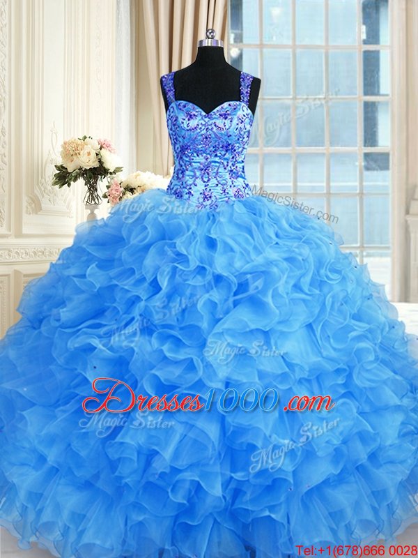 Sweetheart Sleeveless Organza Quince Ball Gowns Beading and Embroidery and Ruffles Lace Up