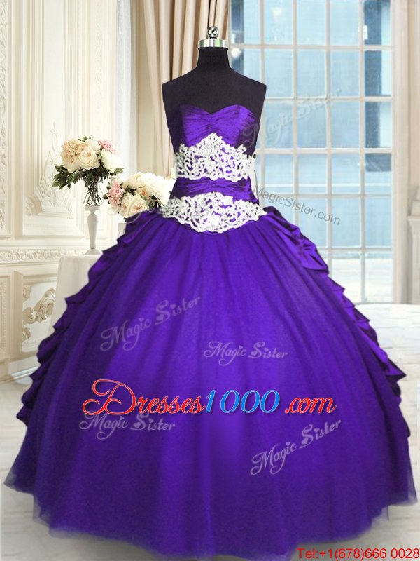 Purple Sleeveless Floor Length Beading and Lace and Appliques and Ruching and Pick Ups Lace Up Quince Ball Gowns
