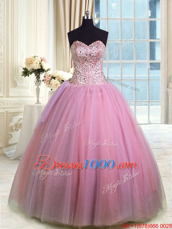 Rose Pink Organza Lace Up Quinceanera Gowns Sleeveless Floor Length Beading and Ruching