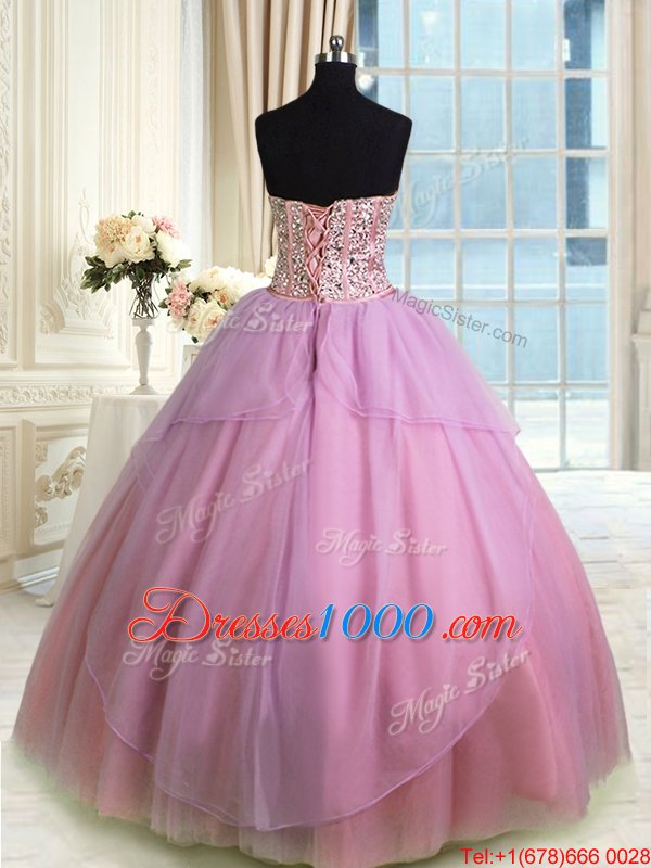 Rose Pink Organza Lace Up Quinceanera Gowns Sleeveless Floor Length Beading and Ruching