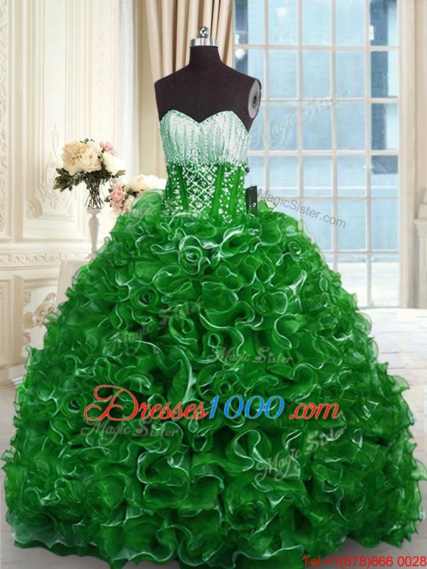 Nice Sweetheart Sleeveless Organza Ball Gown Prom Dress Beading and Ruffles Brush Train Lace Up