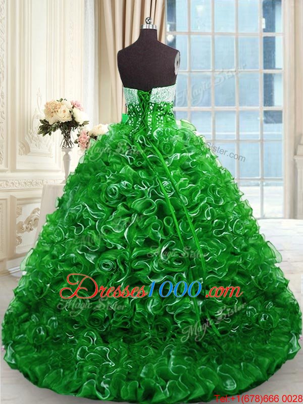 Nice Sweetheart Sleeveless Organza Ball Gown Prom Dress Beading and Ruffles Brush Train Lace Up