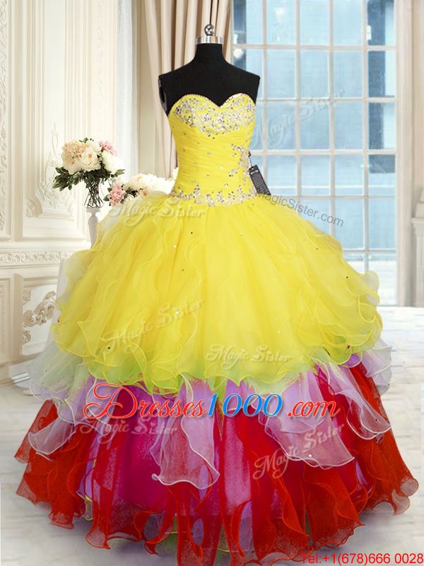 Sweet Sleeveless Floor Length Beading and Ruffles Lace Up 15th Birthday Dress with Multi-color