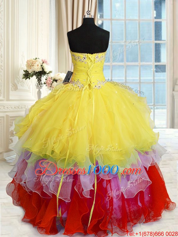 Sweet Sleeveless Floor Length Beading and Ruffles Lace Up 15th Birthday Dress with Multi-color