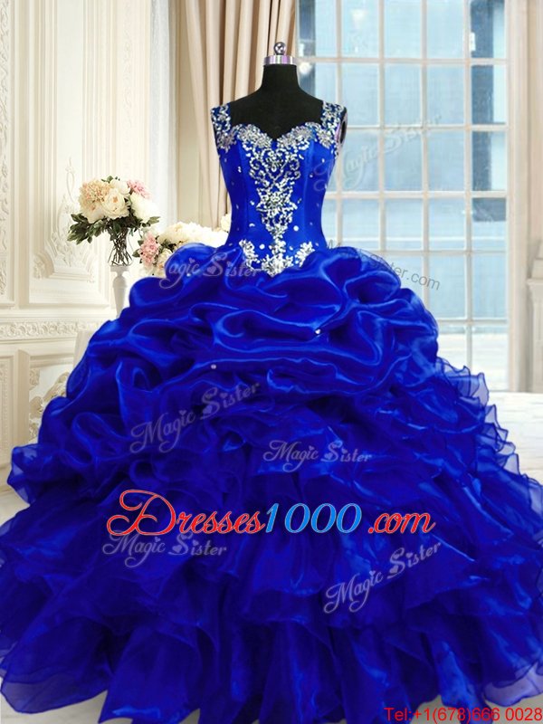 Designer Royal Blue Lace Up Straps Beading and Ruffles and Pick Ups Quinceanera Gowns Organza Sleeveless