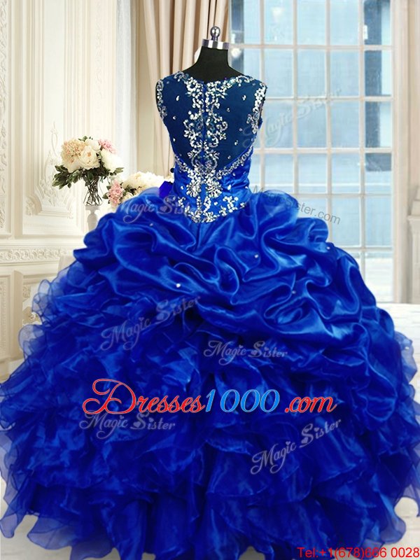 Designer Royal Blue Lace Up Straps Beading and Ruffles and Pick Ups Quinceanera Gowns Organza Sleeveless