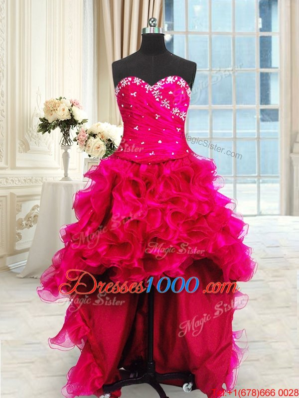 Four Piece Hot Pink Three Pieces Organza Sweetheart Sleeveless Beading and Ruffles and Ruching Floor Length Lace Up Sweet 16 Quinceanera Dress
