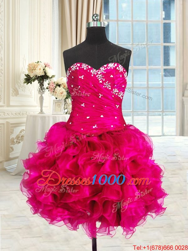 Four Piece Hot Pink Three Pieces Organza Sweetheart Sleeveless Beading and Ruffles and Ruching Floor Length Lace Up Sweet 16 Quinceanera Dress