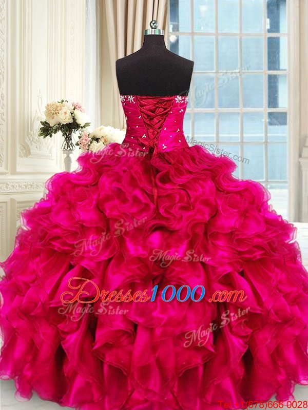 Four Piece Hot Pink Three Pieces Organza Sweetheart Sleeveless Beading and Ruffles and Ruching Floor Length Lace Up Sweet 16 Quinceanera Dress