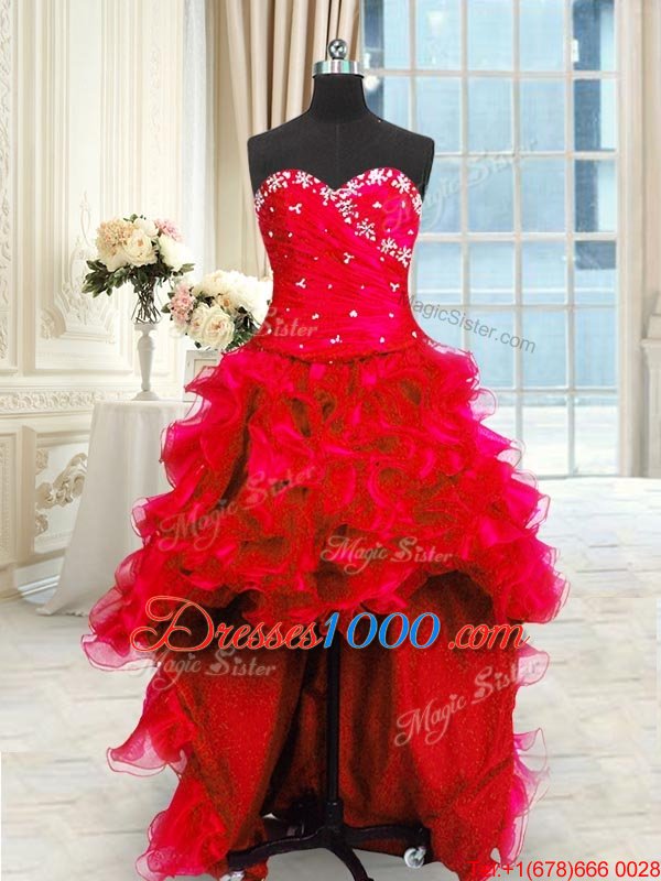 Four Piece Red Three Pieces Sweetheart Sleeveless Organza Floor Length Lace Up Beading and Ruffles and Ruching 15 Quinceanera Dress