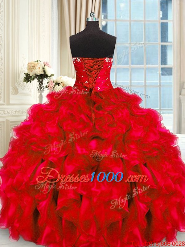 Four Piece Red Three Pieces Sweetheart Sleeveless Organza Floor Length Lace Up Beading and Ruffles and Ruching 15 Quinceanera Dress