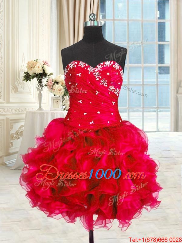 Four Piece Red Three Pieces Sweetheart Sleeveless Organza Floor Length Lace Up Beading and Ruffles and Ruching 15 Quinceanera Dress