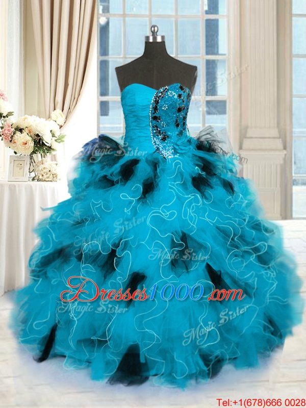 Sleeveless Tulle Floor Length Lace Up Sweet 16 Dresses in Blue And Black for with Beading and Ruffles