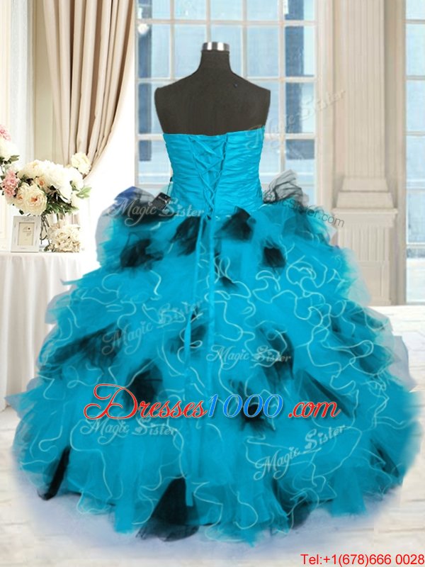 Sleeveless Tulle Floor Length Lace Up Sweet 16 Dresses in Blue And Black for with Beading and Ruffles