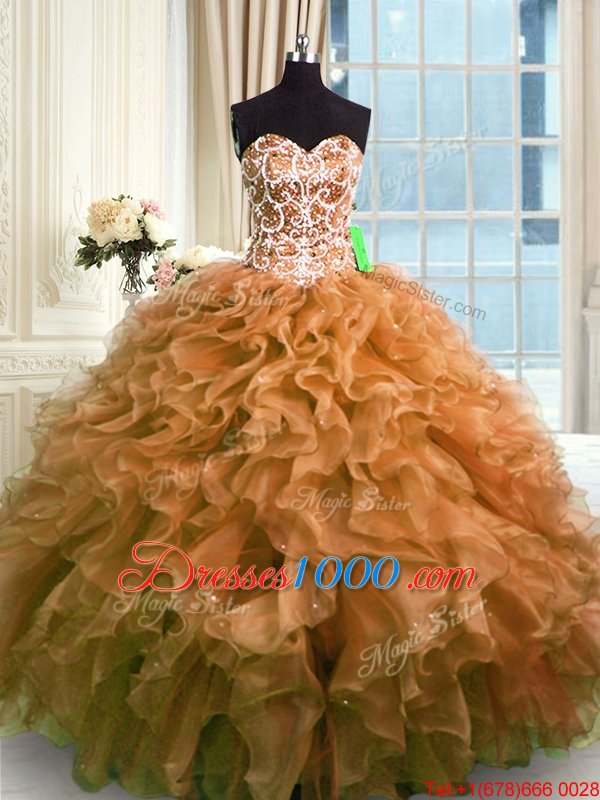 Brown Sleeveless Organza Lace Up Sweet 16 Quinceanera Dress for Military Ball and Sweet 16 and Quinceanera