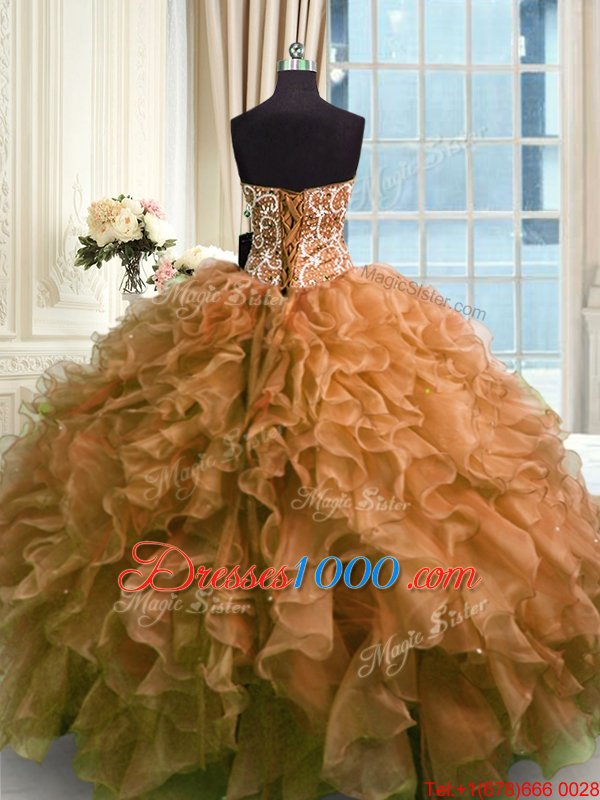 Brown Sleeveless Organza Lace Up Sweet 16 Quinceanera Dress for Military Ball and Sweet 16 and Quinceanera