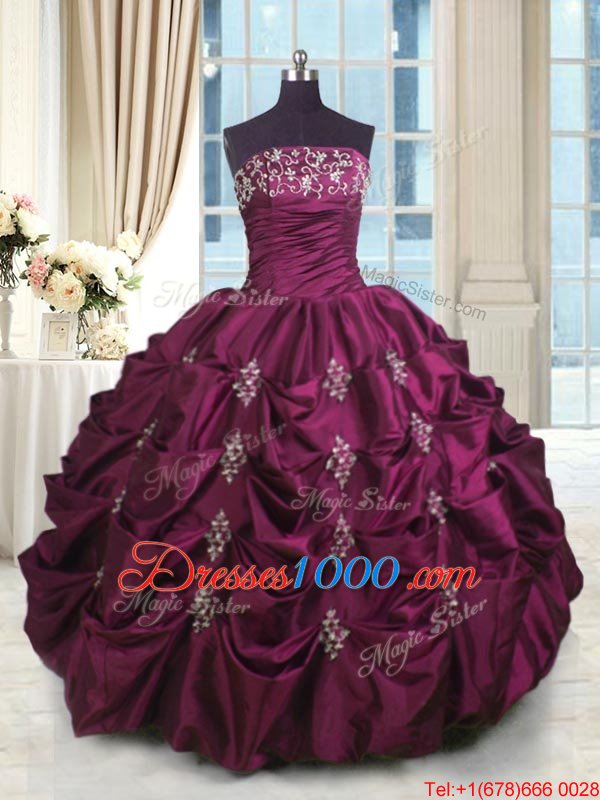 Flare Burgundy Sleeveless Beading and Appliques and Embroidery and Pick Ups Floor Length Quince Ball Gowns
