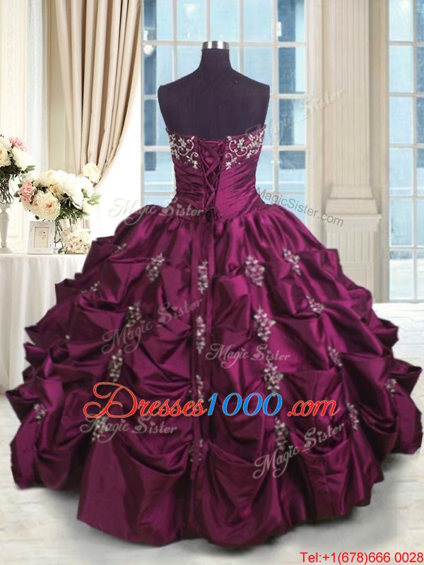 Flare Burgundy Sleeveless Beading and Appliques and Embroidery and Pick Ups Floor Length Quince Ball Gowns