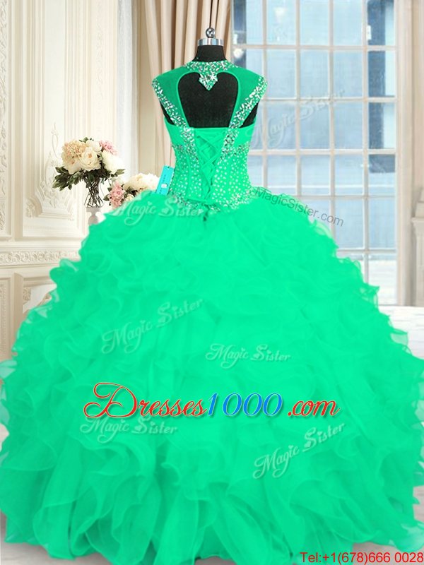 Modest Turquoise Ball Gowns Organza Straps Cap Sleeves Beading and Ruffles and Pattern Floor Length Lace Up Quinceanera Dress