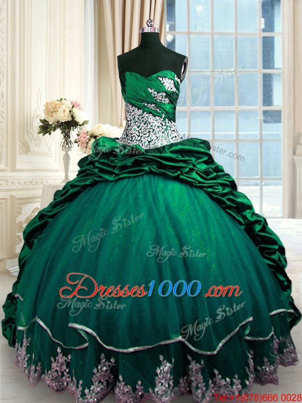Fantastic Sleeveless Beading and Appliques and Pick Ups Lace Up Sweet 16 Dresses with Dark Green Brush Train