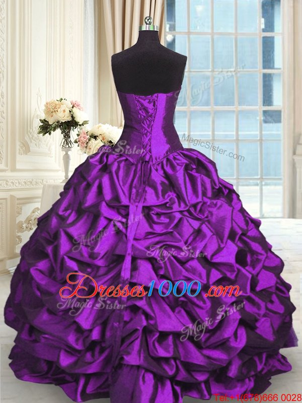 Cute Purple Lace Up Quinceanera Dresses Beading and Lace and Ruching and Pick Ups Sleeveless Floor Length