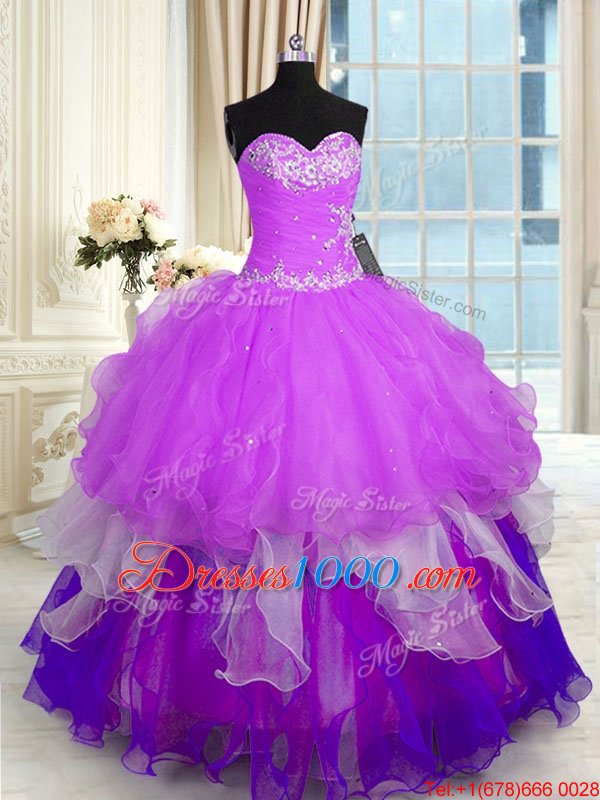 Pretty Multi-color Ball Gowns Organza Sweetheart Sleeveless Beading and Ruffles Floor Length Lace Up Sweet 16 Dress