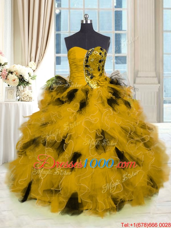 Gold Ball Gowns Tulle Strapless Sleeveless Beading and Ruffles Floor Length Lace Up Quinceanera Dresses