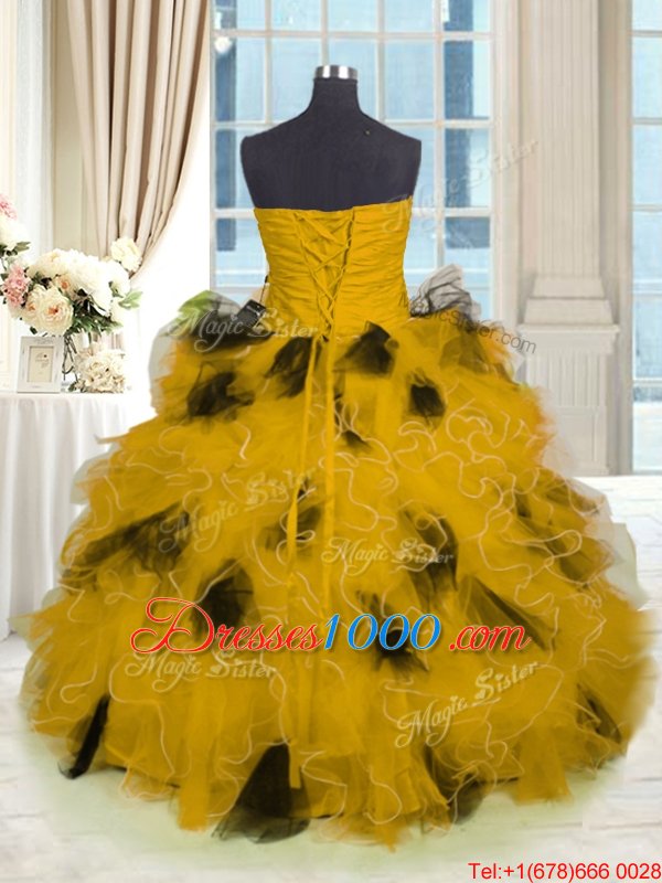 Gold Ball Gowns Tulle Strapless Sleeveless Beading and Ruffles Floor Length Lace Up Quinceanera Dresses