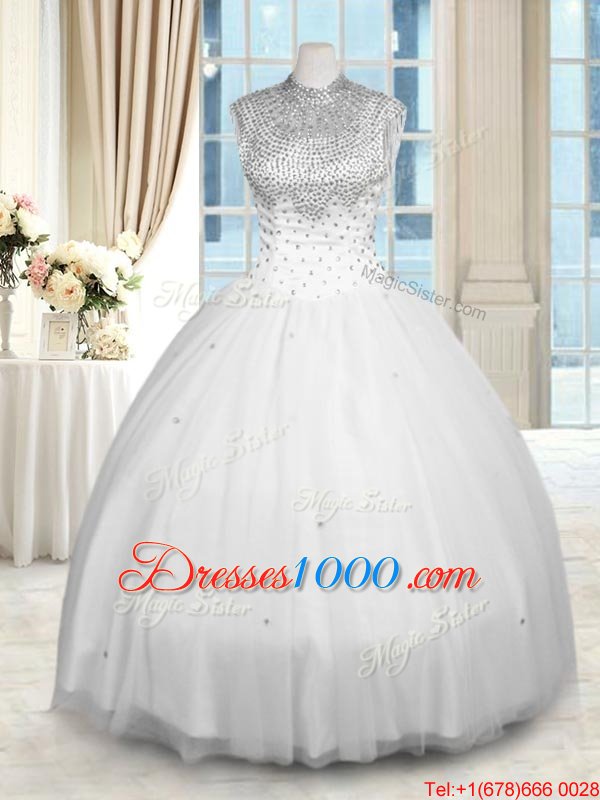 Enchanting White Tulle Zipper High-neck Sleeveless Floor Length 15 Quinceanera Dress Beading