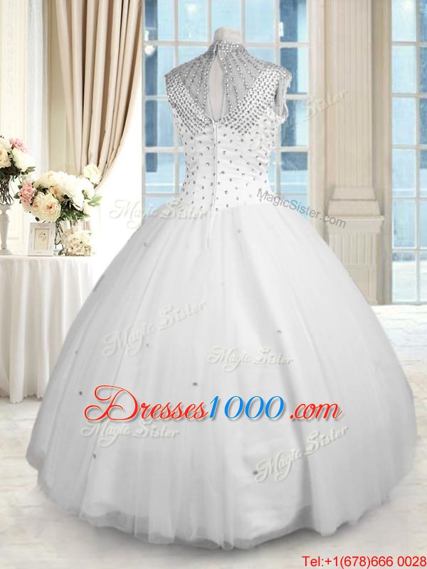 Enchanting White Tulle Zipper High-neck Sleeveless Floor Length 15 Quinceanera Dress Beading